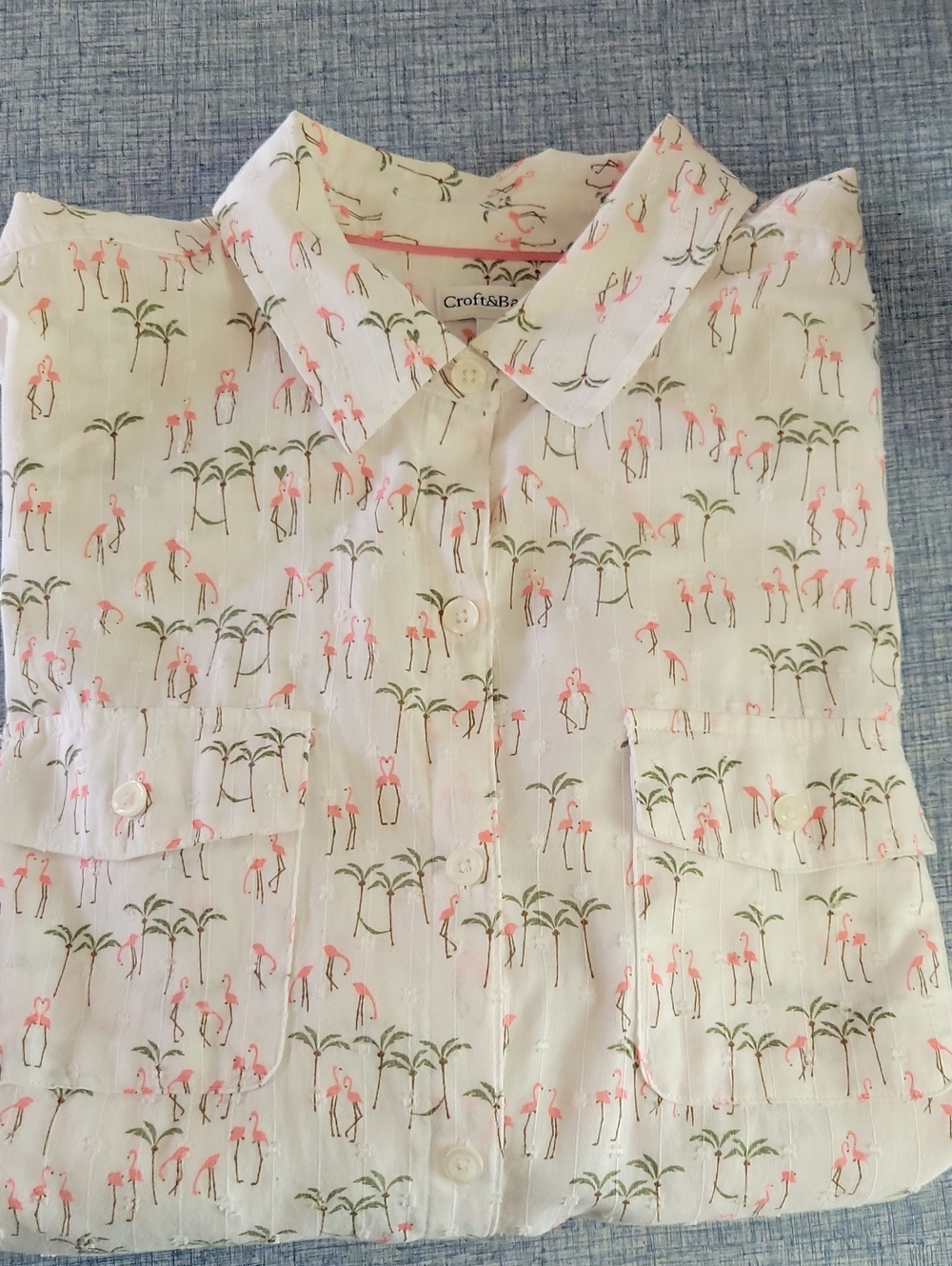 Croft & Barrow White Palm/Pink Flamingo Print Lightweight 3/4 Sleeve Shirt SZ M